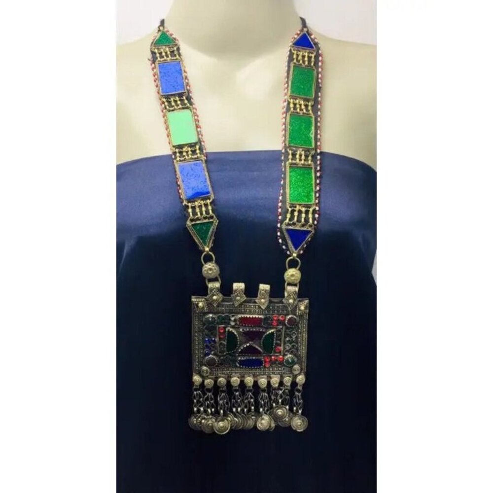 Afghan Kuchi Pendant Necklace: Antique Blue & Green Glass, Tribal Jewelry